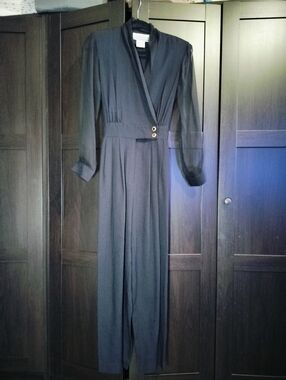 Vintage Joan Walters Black Sheer Long-Sleeve Jumpsuit w/ Waist Buttons - Size 6